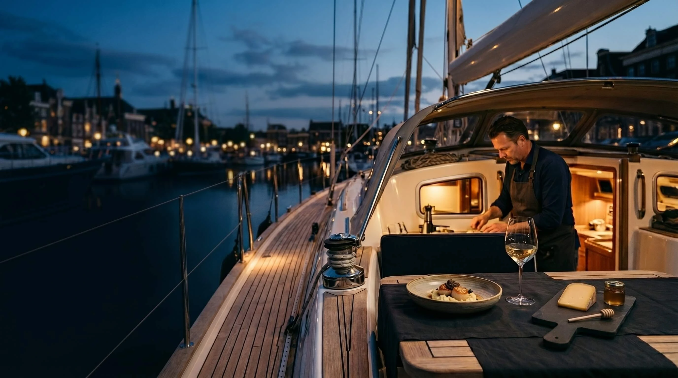 Cinematische jachtervaring in een Nederlandse marina bij schemer