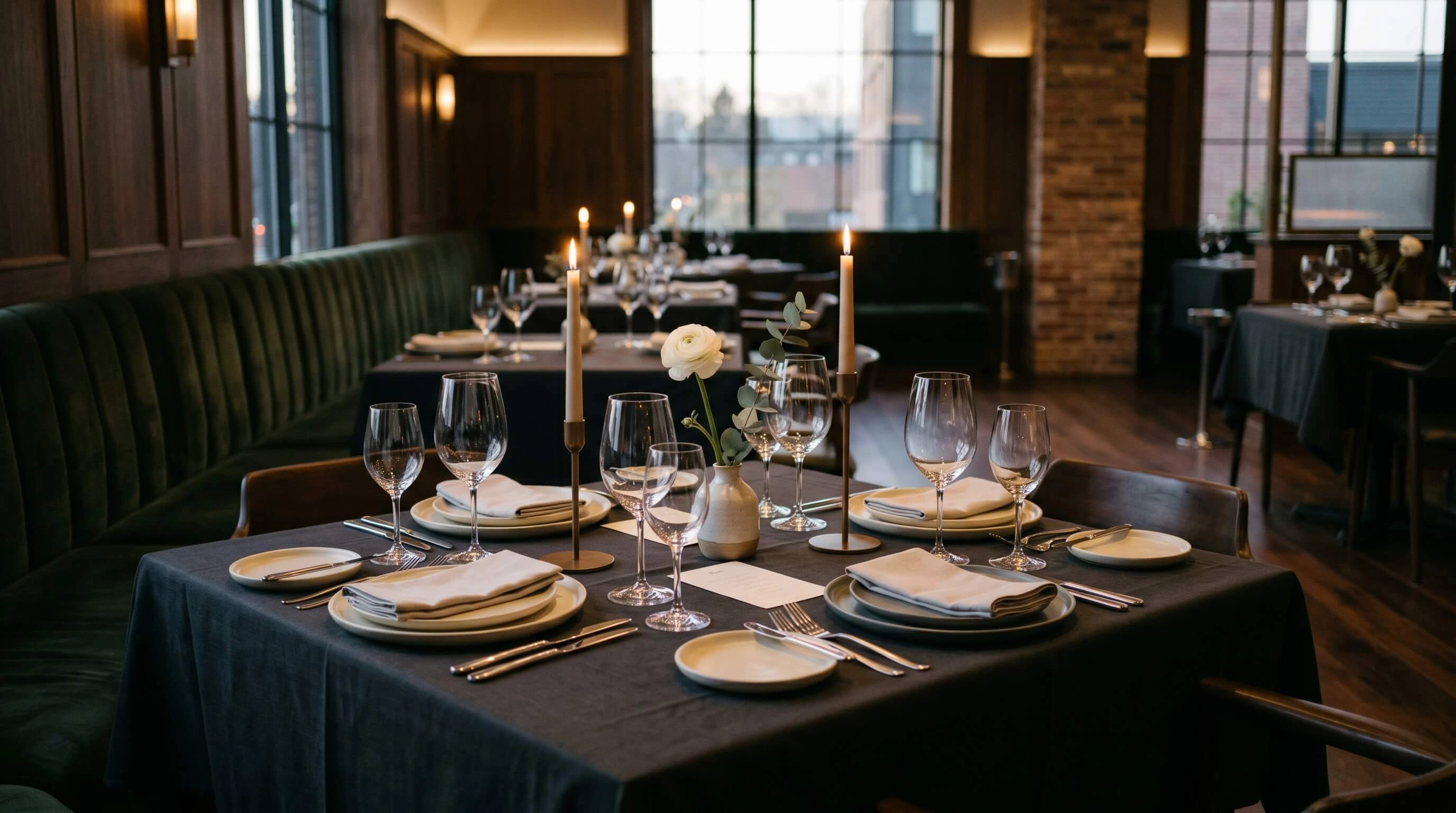 Fine dining table set in a calm restaurant setting