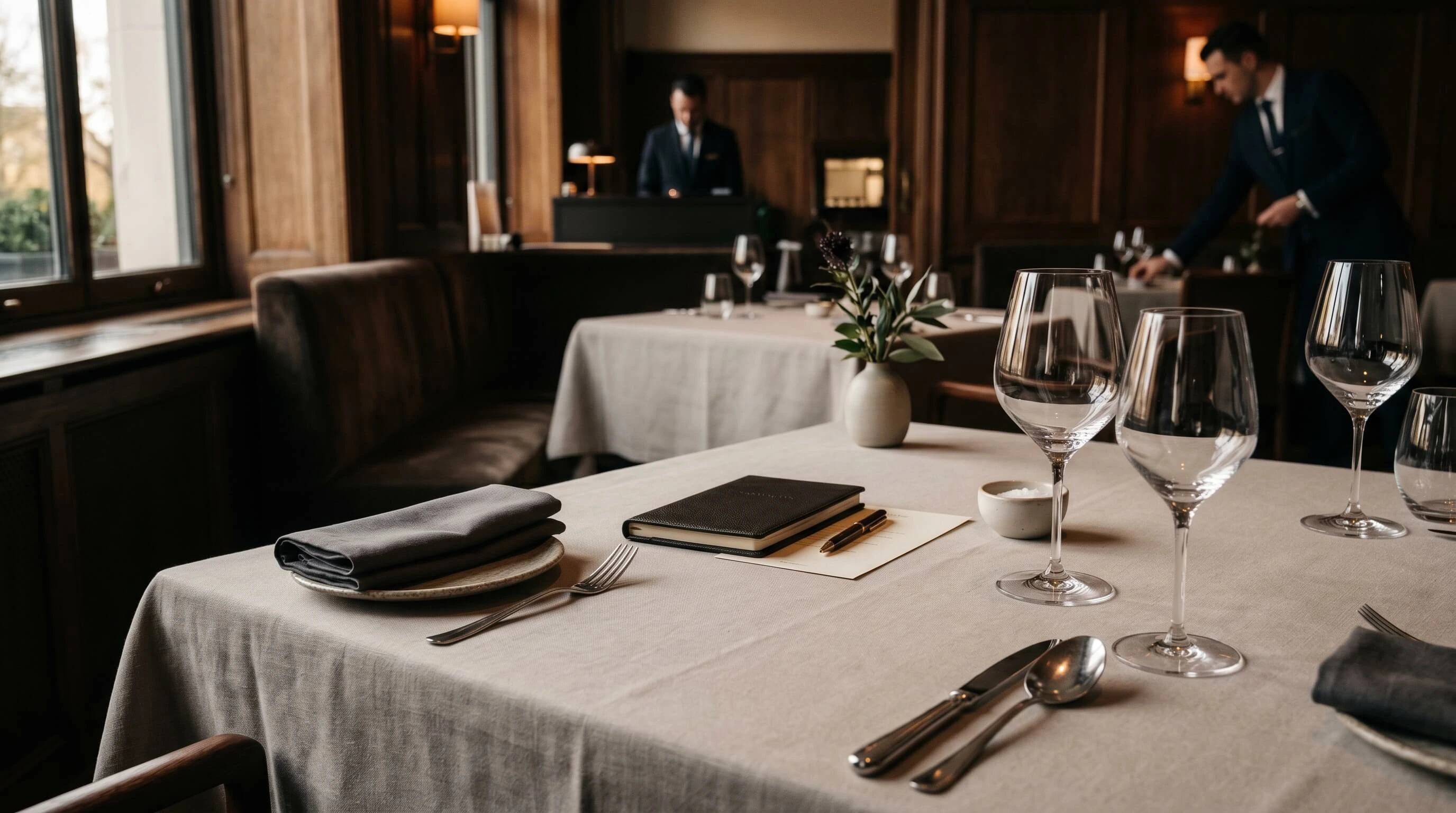 Premium hospitality-interieur met tafelsetting en rustige booking-sfeer