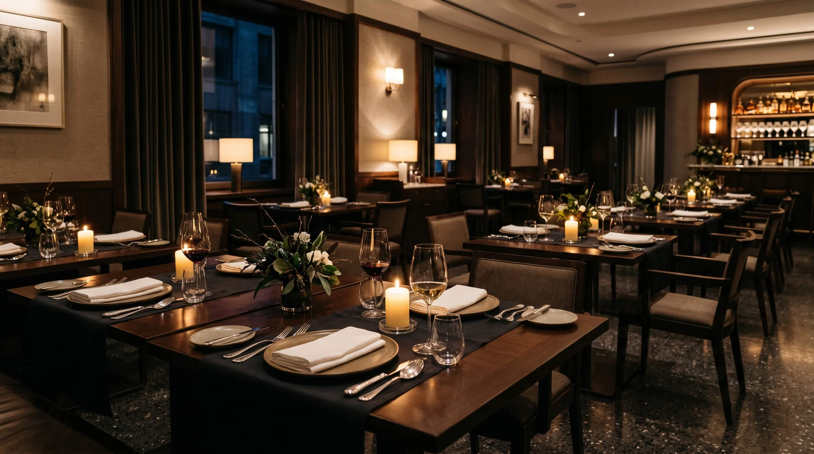 Fine dining tafelsetting met bediening, kaarslicht en een intieme restaurantsfeer