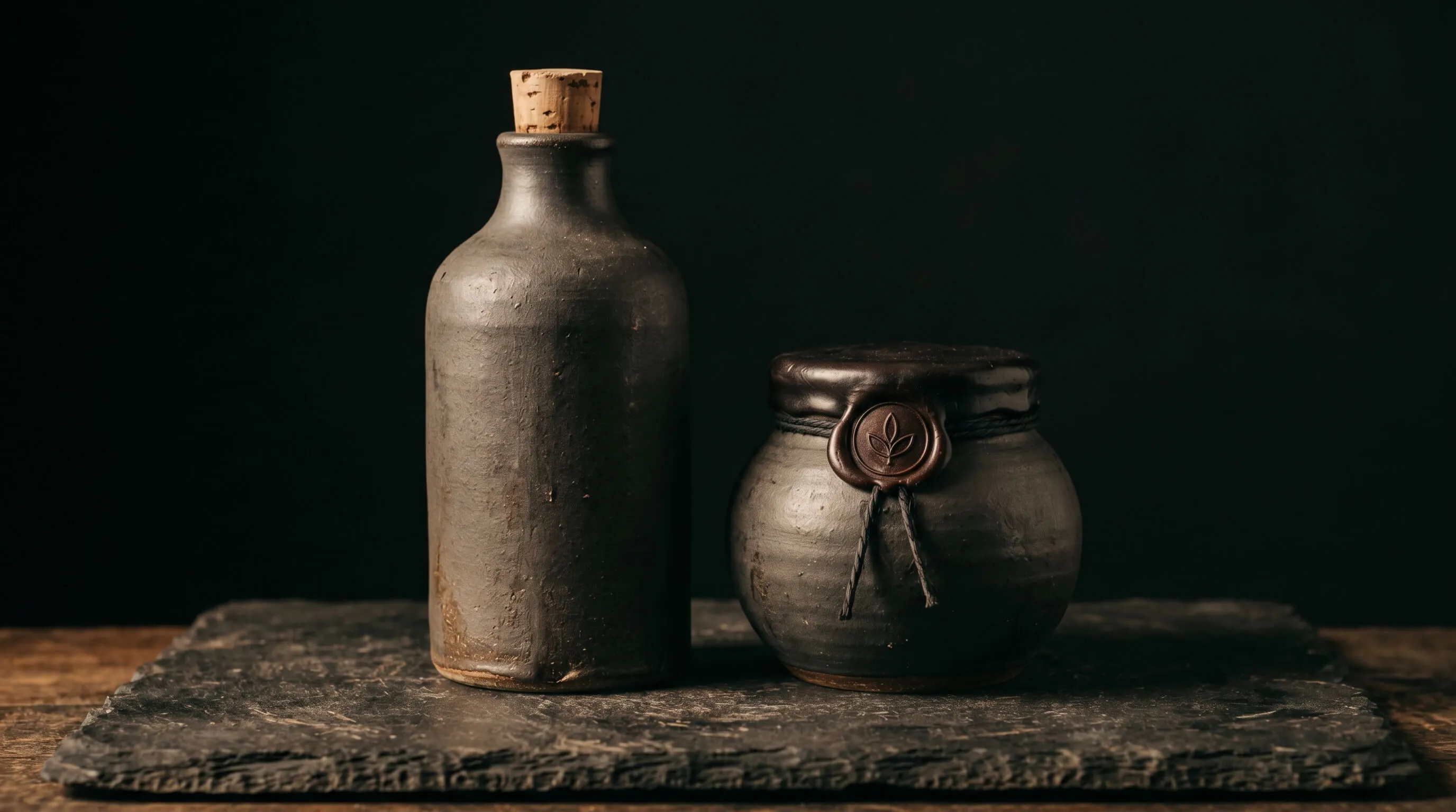 Dark handmade ceramic bottles and pots on stone