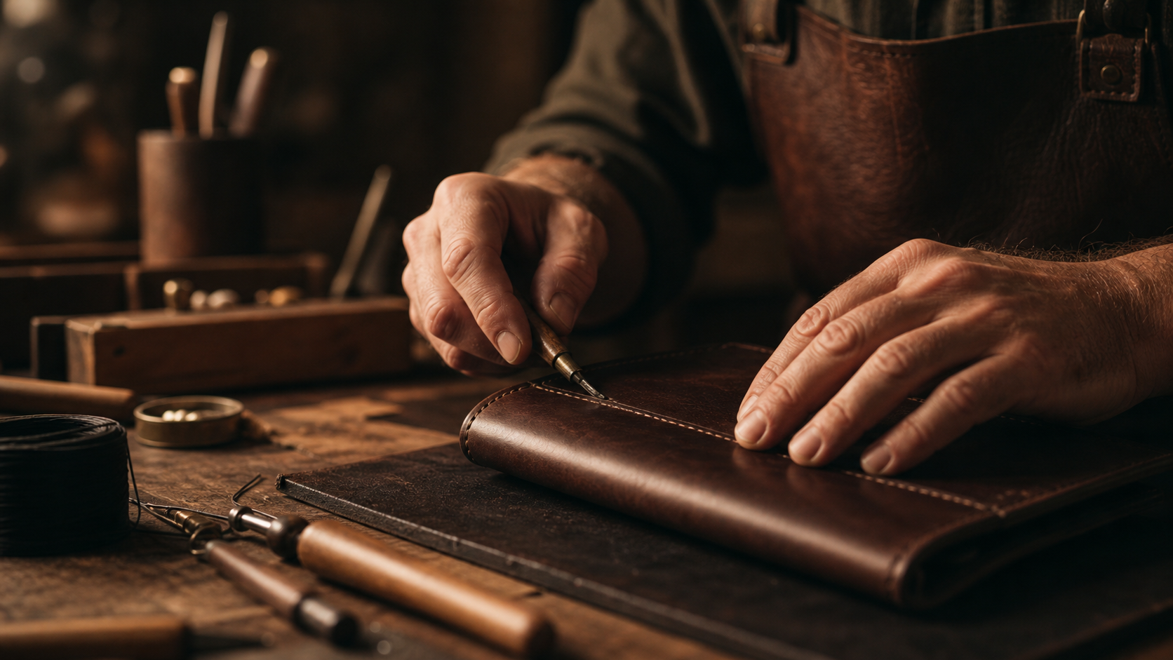 Close-up van artisanale afwerking met handen, materiaal en gereedschap in een warme werkplaats