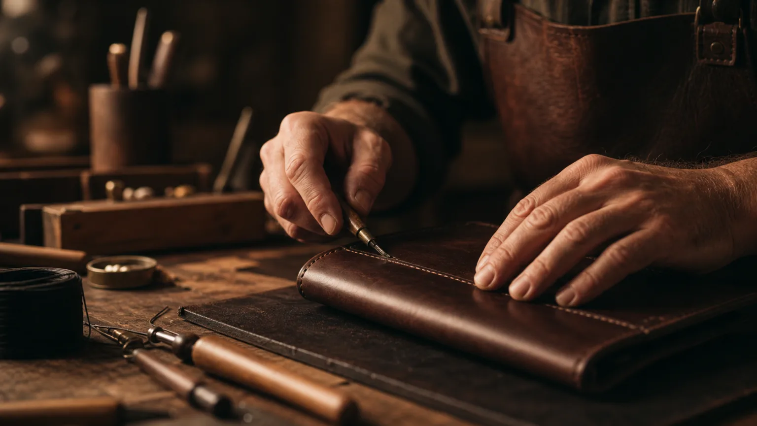 Hands finishing leather with tools on a workbench