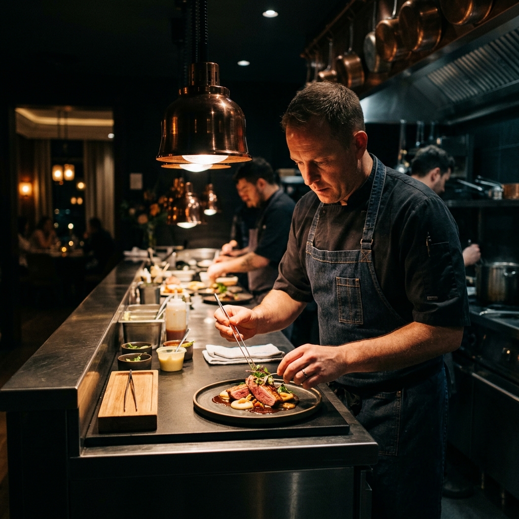 Private chef die op hoog niveau een gerecht opmaakt in een luxe keuken