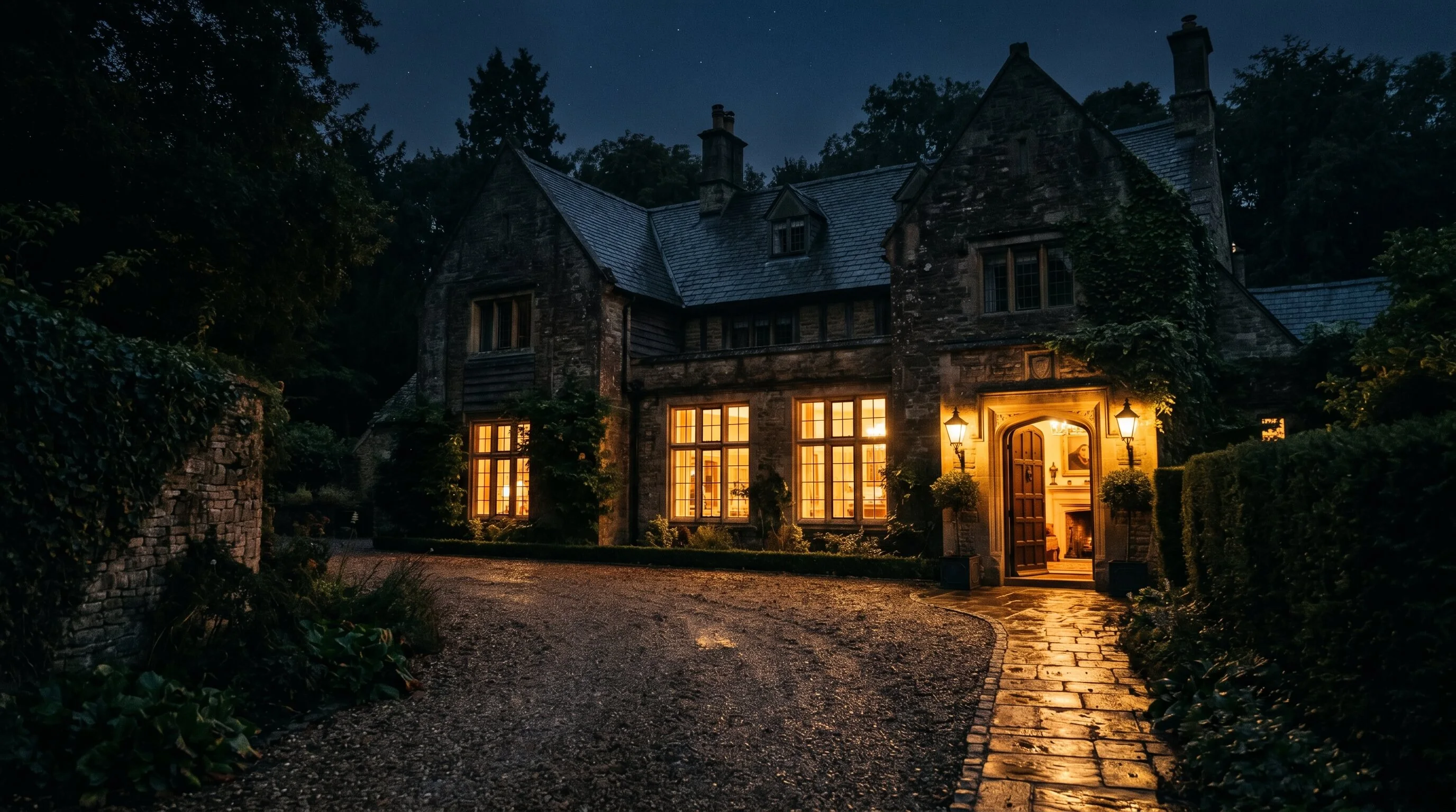 Lit entrance of a quiet premium stay at dusk
