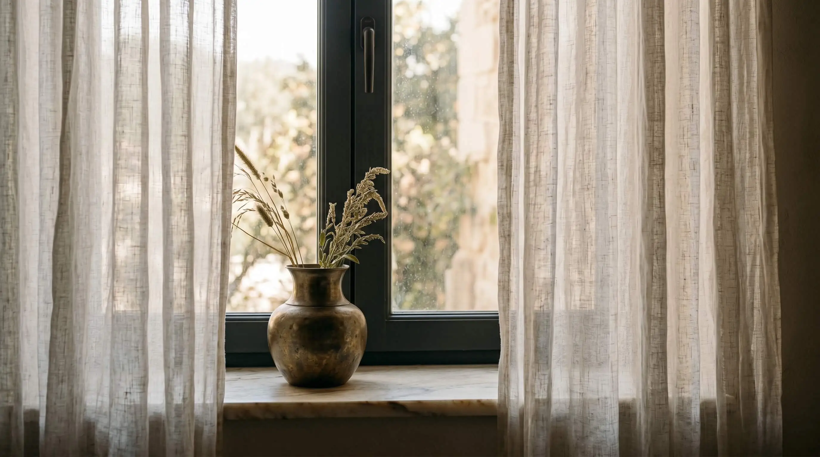 Quiet window with a linen curtain and a brass vase in soft daylight
