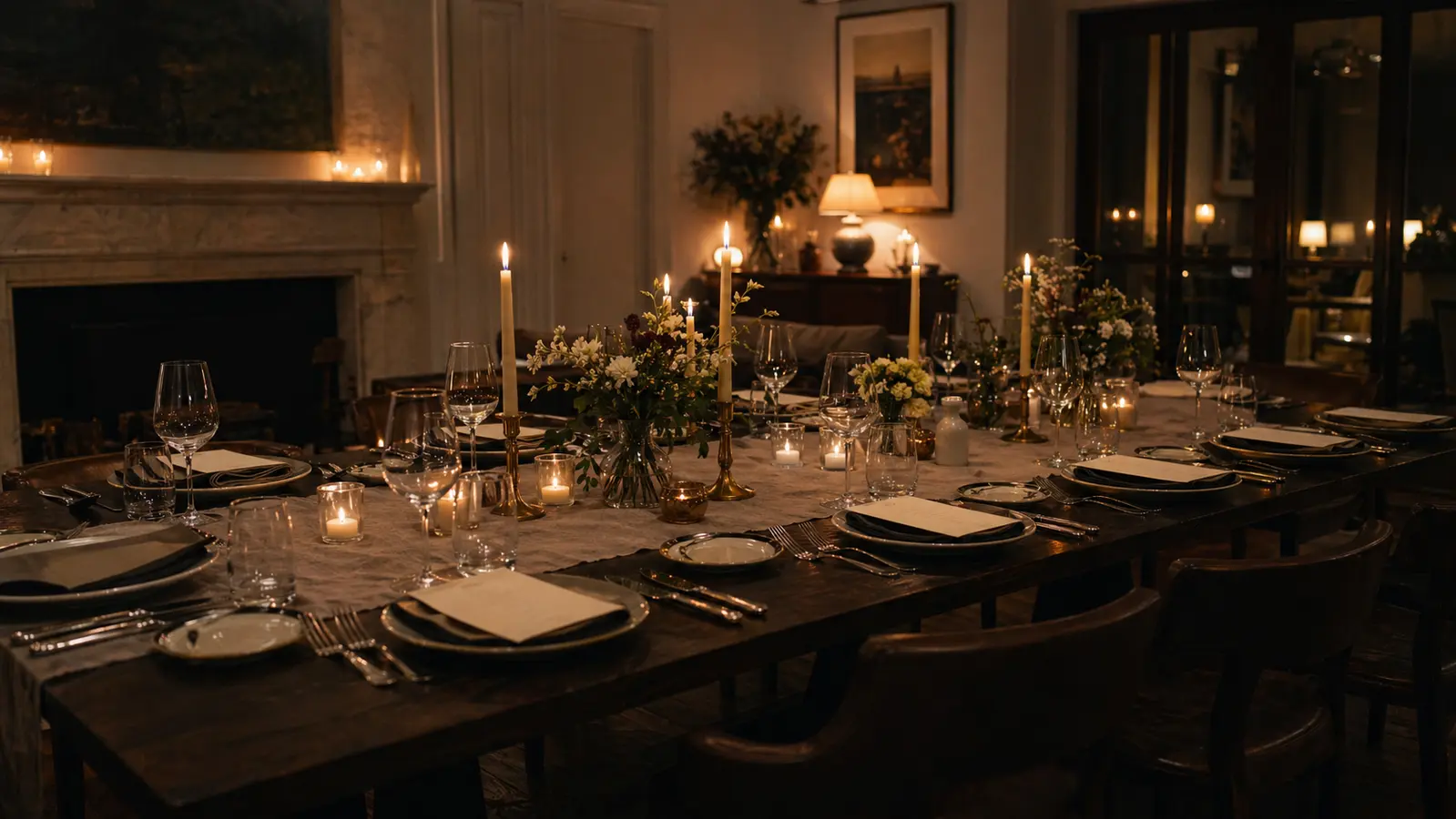 Een zorgvuldig gedekte tafel bij kaarslicht, klaar voor een besloten diner