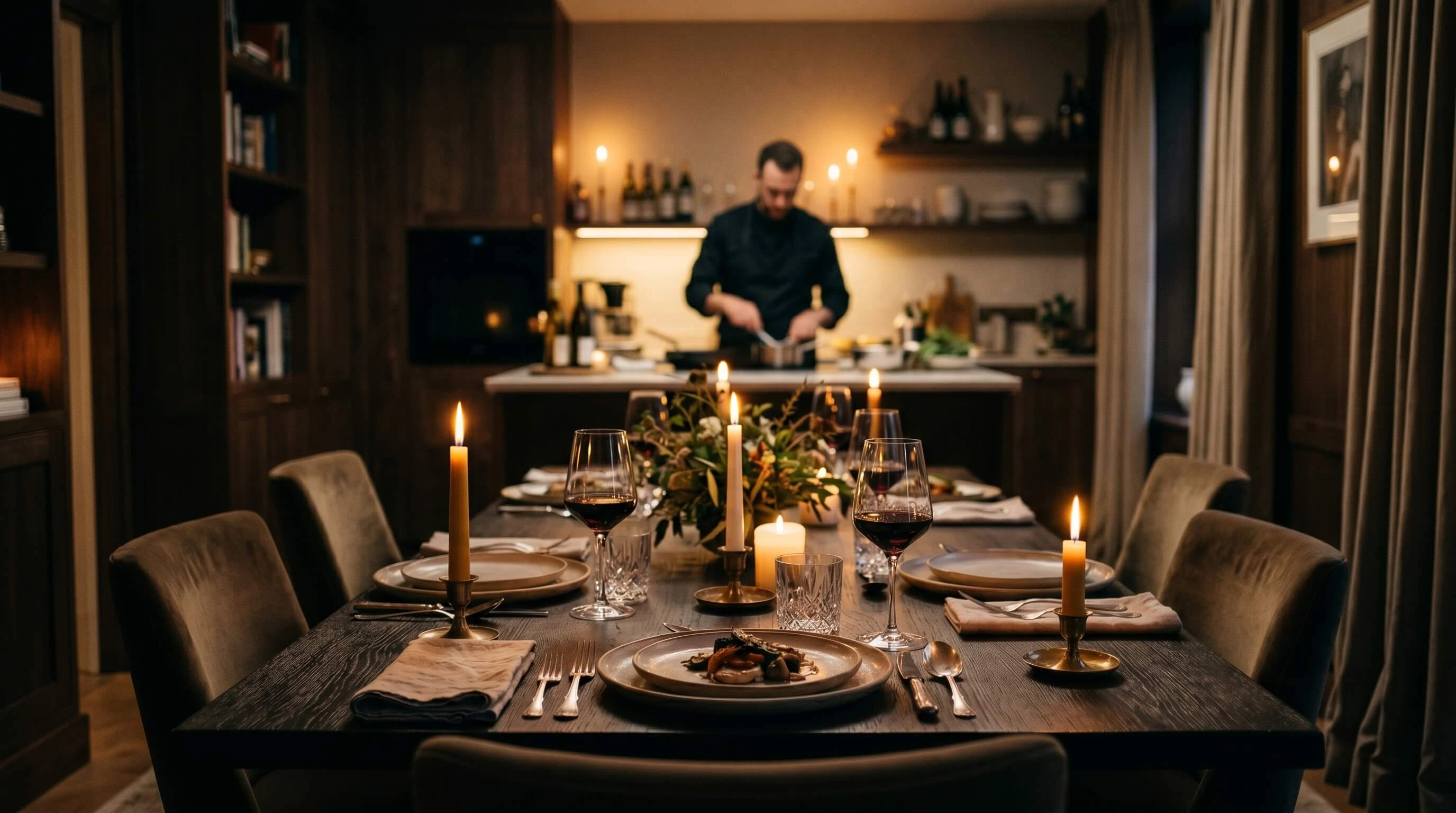 Private dining setting bij kaarslicht met de chef op de achtergrond