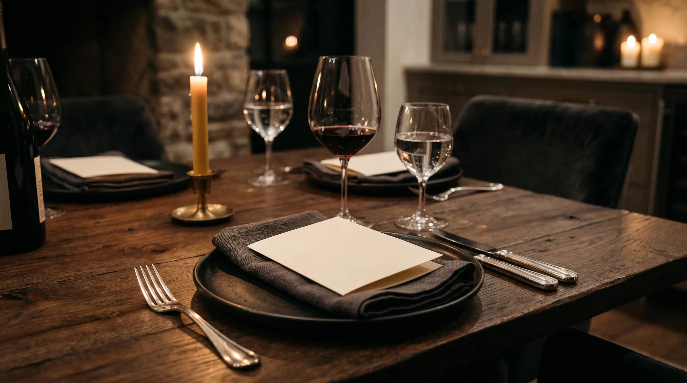 Elegant gedekt couvert met menukaart bij kaarslicht