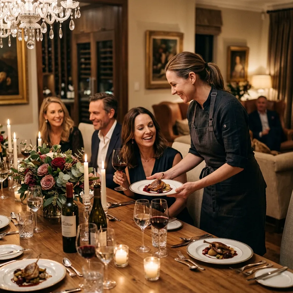 Private chef serveert een gerecht aan gasten tijdens een besloten diner