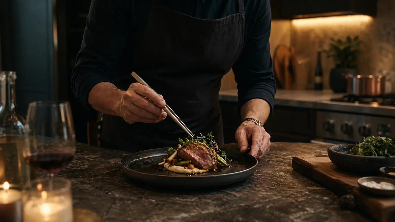 Private chef die een gerecht zorgvuldig opmaakt in een residentiële keuken